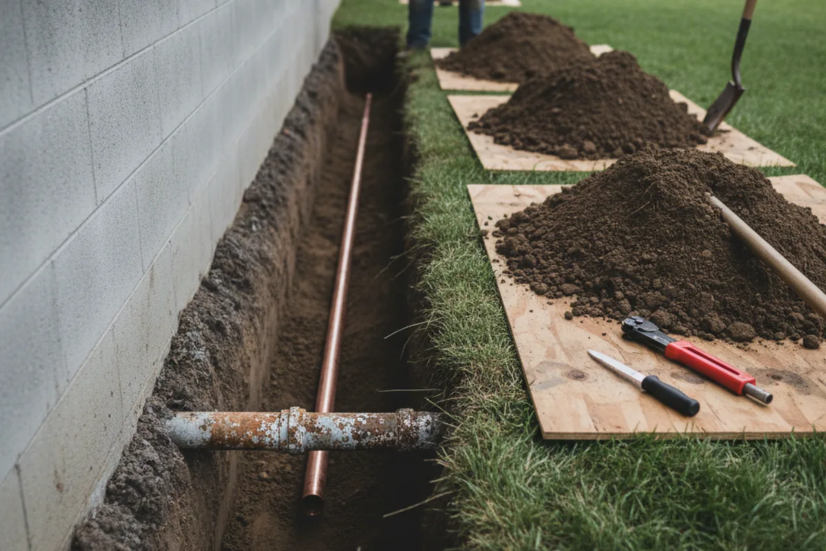 Excavated water line trench during Water Softener Installation in Little Elm
